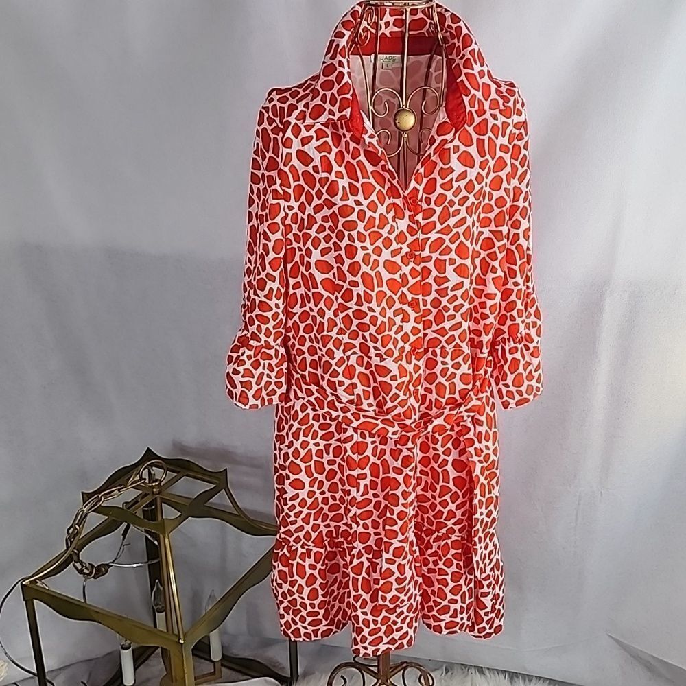 Jade Coral/Orange Giraffe Print Shirt Dress with Removable Sash.